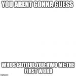 Nothing | YOU ARENT GONNA GUESS; WHOS BUTIFUL
YOU:HWO
ME:THE FIRST WORD | image tagged in nothing | made w/ Imgflip meme maker