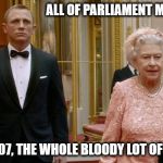 The Queen finally sorts Brexit out. | ALL OF PARLIAMENT MA'AM? YES 007, THE WHOLE BLOODY LOT OF THEM | image tagged in james bond and the queen,brexit,funny,funny memes,current events,roflmao | made w/ Imgflip meme maker