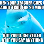 When you just want to learn... | WHEN YOUR TEACHER GOES ON A RABBIT TRAIL FOR 20 MINUTES; BUT YOU'LL GET YELLED AT IF YOU SAY ANYTHING | image tagged in really whale | made w/ Imgflip meme maker