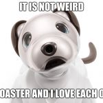 Love who you want | IT IS NOT WEIRD; THE TOASTER AND I LOVE EACH OTHER | image tagged in confused robot dog,robot love,don't judge,robot uprising | made w/ Imgflip meme maker