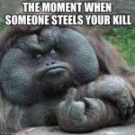 mad monkey | THE MOMENT WHEN SOMEONE STEELS YOUR KILL | image tagged in mad monkey | made w/ Imgflip meme maker