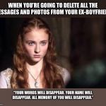 Sansa Stark | WHEN YOU’RE GOING TO DELETE ALL THE MESSAGES AND PHOTOS FROM YOUR EX-BOYFRIEND; “YOUR WORDS WILL DISAPPEAR. YOUR NAME WILL DISAPPEAR. ALL MEMORY OF YOU WILL DISAPPEAR.” | image tagged in sansa stark | made w/ Imgflip meme maker