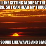 Sunset Deep Thoughts | I LIKE SITTING ALONE AT THE BEACH, SO I CAN HEAR MY THOUGHTS; THEY SOUND LIKE WAVES AND SEAGULLS | image tagged in sunset deep thoughts | made w/ Imgflip meme maker