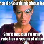 Seven of Nine | What do you think about her? She's hot, but I'd only rate her a seven of nine. | image tagged in seven of nine,memes | made w/ Imgflip meme maker
