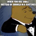 Tux Whinnie | WHEN YOU USE SHALL INSTEAD OF SHOULD IN A SENTENCE | image tagged in tux whinnie | made w/ Imgflip meme maker