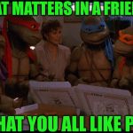 Pizza Lovers | ALL THAT MATTERS IN A FRIENDSHIP; IS THAT YOU ALL LIKE PIZZA | image tagged in teenage mutant ninja turtles,memes,pizza,friends,what if i told you | made w/ Imgflip meme maker
