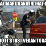 Police Pull Over | IS THAT MARIJUANA IN THAT PIPE? ME: NO IT'S JUST VEGAN TOBACCO | image tagged in police pull over | made w/ Imgflip meme maker