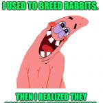 rabbit breeder | I USED TO BREED RABBITS. THEN I REALIZED THEY CAN HANDLE IT THEMSELVES. | image tagged in patrick,rabbit,joke | made w/ Imgflip meme maker