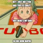 First Impression | HEY I JUST MET YOU; AND THIS IS CRAZY; BUT HERE'S MY GUN; SO DIE NOW MAYBE | image tagged in bulma shooting,dragon ball z,call me maybe,funny,memes | made w/ Imgflip meme maker