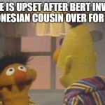 bert and ernie 1 | ERNIE IS UPSET AFTER BERT INVITES HIS INDONESIAN COUSIN OVER FOR A MONTH | image tagged in bert and ernie 1 | made w/ Imgflip meme maker