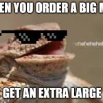 big mac | WHEN YOU ORDER A BIG MAC; BUT GET AN EXTRA LARGE ONE | image tagged in heheheheh dragon,ha,mc donalds | made w/ Imgflip meme maker