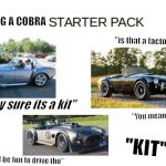 Blank Starter Pack Meme | POSTING A COBRA; "is that a factory five?"; "pretty sure its a kit"; "You mean 'replica' "; "KIT"; "still be fun to drive tho" | image tagged in blank starter pack meme | made w/ Imgflip meme maker