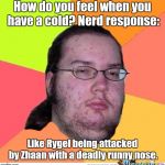 Nerd | How do you feel when you have a cold? Nerd response: Like Rygel being attacked by Zhaan with a deadly runny nose. | image tagged in nerd,memes | made w/ Imgflip meme maker