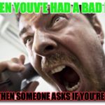 Shouter | WHEN YOUV'E HAD A BAD DAY; AND THEN SOMEONE ASKS IF YOU'RE OKAY | image tagged in memes,shouter | made w/ Imgflip meme maker