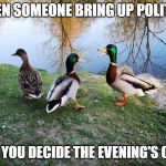 Ducks having an argument | WHEN SOMEONE BRING UP POLITICS; AND YOU DECIDE THE EVENING'S OVER | image tagged in ducks having an argument | made w/ Imgflip meme maker