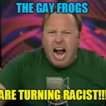 Alex Jones | THE GAY FROGS; ARE TURNING RACIST!!! | image tagged in alex jones | made w/ Imgflip meme maker