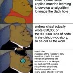 Fancy Winnie the Pooh | katie bouman used applied machine learning to develop an algorithm to image the black hole; andrew chael actually wrote 850,000 of the 900,000 lines of code in the github repository, so he did all the work; upon further inspection of the repository, 95% of andrew chael's line count consists of generated data and not code -- for example, one such commit contains 500,000 lines of raw data. the entire repository was clearly a joint effort by everyone and no one person did "all the work" | image tagged in fancy winnie the pooh | made w/ Imgflip meme maker