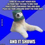 Poorly prepared polar bear | SOME OF Y'ALL AIN'T NEVER BEEN SO POOR THAT YOU HAD TO BBQ YOUR FOOD STAMP-PURCHASED TAKE-AND-BAKE PIZZA CUZ YOUR LANDLORD WON'T FIX YOUR OVEN; AND IT SHOWS | image tagged in some of y'all,and it shows | made w/ Imgflip meme maker