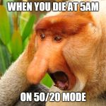 Janusz monkey screaming | WHEN YOU DIE AT 5AM; ON 50/20 MODE | image tagged in janusz monkey screaming | made w/ Imgflip meme maker