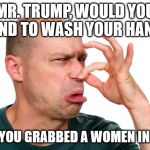 Eeeww | MR. TRUMP, WOULD YOU MIND TO WASH YOUR HANDS; AFTER YOU GRABBED A WOMEN IN HER .... | image tagged in eeeww | made w/ Imgflip meme maker