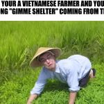 WELCOME TO THE RICE FIELDS | WHEN YOUR A VIETNAMESE FARMER AND YOU HEAR THE SONG "GIMME SHELTER" COMING FROM THE SKY | image tagged in welcome to the rice fields | made w/ Imgflip meme maker