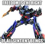 Optimus Prime | FREEDOM IS THE RIGHT; OF ALL SENTIENT BEINGS | image tagged in optimus prime | made w/ Imgflip meme maker
