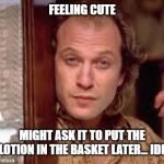 wild bill | FEELING CUTE; MIGHT ASK IT TO PUT THE LOTION IN THE BASKET LATER... IDK | image tagged in wild bill | made w/ Imgflip meme maker