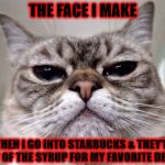 THE FACE I MAKE | THE FACE I MAKE; WHEN I GO INTO STARBUCKS & THEY'RE OUT OF THE SYRUP FOR MY FAVORITE DRINK. | image tagged in the face i make | made w/ Imgflip meme maker