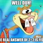 Sandy Cheeks's Math Lesson | WELL DUH! THE REAL ANSWER OF 2+2 IS FISH! | image tagged in sandy cheeks duhh,math | made w/ Imgflip meme maker