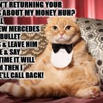 MAFIA CAT | HE ISN'T RETURNING YOUR CALLS ABOUT MY MONEY HUH? GO FILL HIS NEW MERCEDES WITH BULLET HOLES & LEAVE HIM A NOTE & SAY NEXT TIME IT WILL BE HIM THEN I BET HE'LL CALL BACK! | image tagged in mafia cat | made w/ Imgflip meme maker