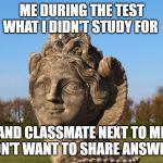 Lady eye | ME DURING THE TEST WHAT I DIDN'T STUDY FOR; AND CLASSMATE NEXT TO ME DON'T WANT TO SHARE ANSWERS | image tagged in lady eye | made w/ Imgflip meme maker