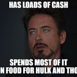 Roll eye tony | HAS LOADS OF CASH; SPENDS MOST OF IT ON FOOD FOR HULK AND THOR | image tagged in roll eye tony | made w/ Imgflip meme maker