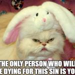 The Cat said to its owner... | THE ONLY PERSON WHO WILL BE DYING FOR THIS SIN IS YOU! | image tagged in easter cat | made w/ Imgflip meme maker