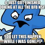 YOU DID BFB WHILE I WAS GONE?!?!?! | 4: JUST GOT FINISHED LOOKING AT ALL THE BFB NSFW; YOU LET THIS HAPPEN WHILE I WAS GONE?!? | image tagged in you did bfb while i was gone | made w/ Imgflip meme maker