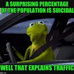 Kermit driver | A SURPRISING PERCENTAGE OF THE POPULATION IS SUICIDAL; WELL THAT EXPLAINS TRAFFIC | image tagged in kermit driver | made w/ Imgflip meme maker