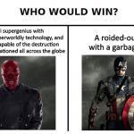 Who would win? | A roided-out boot with a garbage can lid; A nazi supergenius with futuristic, otherworldly technology, and weapons capable of the destruction of mankind stationed all across the globe | image tagged in who would win | made w/ Imgflip meme maker