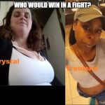 Strong White Woman vs Skinny Crackhead Black Woman | WHO WOULD WIN IN A FIGHT? | image tagged in crystal_vs_trenisha | made w/ Imgflip meme maker