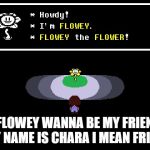 Undertale Flowey | HI FLOWEY WANNA BE MY FRIEND? MY NAME IS CHARA I MEAN FRISK! | image tagged in undertale flowey | made w/ Imgflip meme maker