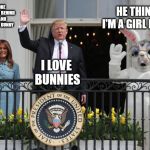 trump v bunny | HE THINKS I'M A GIRL BUNNY; ONLY TWO MORE YEARS OF SMILING BEHIND THAT IDIOT - AND I DON'T MEAN THE BUNNY; I LOVE BUNNIES | image tagged in trump v bunny | made w/ Imgflip meme maker