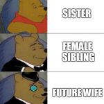 Next Wife | SISTER; FEMALE SIBLING; FUTURE WIFE | image tagged in winnie the pooh extended | made w/ Imgflip meme maker