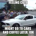 Mustang crash into crowd | FEELING CUTE; MIGHT GO TO CARS AND COFFEE LATER, IDK | image tagged in mustang crash into crowd | made w/ Imgflip meme maker