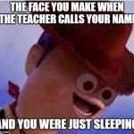 Derp Woody | THE FACE YOU MAKE WHEN THE TEACHER CALLS YOUR NAME; AND YOU WERE JUST SLEEPING | image tagged in derp woody | made w/ Imgflip meme maker