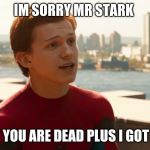 spiderman | IM SORRY MR STARK; THAT YOU ARE DEAD PLUS I GOT AIDS | image tagged in tom holland spider-man | made w/ Imgflip meme maker
