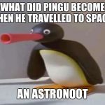 pingu | WHAT DID PINGU BECOME WHEN HE TRAVELLED TO SPACE? AN ASTRONOOT | image tagged in pingu | made w/ Imgflip meme maker