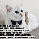 ROYAL DOUCHE BAG | HUMAN SLAVE, I ASKED FOR A PURE GOLD CHAMPAGNE GLASS & THIS IS ONLY GOLD PLATED! I ALSO ASKED FOR CAT NIP EXTRACT IN MAH CHARDONNAY! WHY WEREN'T THESE THINGS DONE PEASANT? | image tagged in royal douche bag | made w/ Imgflip meme maker