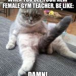 Sexy Cat | WHEN YOU SEE YOUR NEW FEMALE GYM TEACHER, BE LIKE: DAMN! | image tagged in memes,sexy cat | made w/ Imgflip meme maker