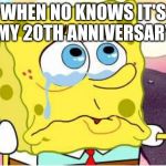 Sad Spongebob | WHEN NO KNOWS IT'S MY 20TH ANNIVERSARY | image tagged in sad spongebob | made w/ Imgflip meme maker