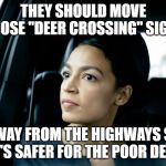 Alexandria Ocasio-Cortez | THEY SHOULD MOVE THOSE "DEER CROSSING" SIGNS; AWAY FROM THE HIGHWAYS SO IT'S SAFER FOR THE POOR DEER | image tagged in alexandria ocasio-cortez | made w/ Imgflip meme maker