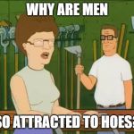 why are men so attracted to hoes? | WHY ARE MEN; SO ATTRACTED TO HOES? | image tagged in peggy hill,king of the hill,hank hill,hoes,hoe,garden tool | made w/ Imgflip meme maker