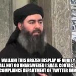 Al baghdadi | WALLAHI THIS BRAZEN DISPLAY OF NUDITY SHALL NOT GO UNANSWERED I SHALL CONTACT THE SHARIA COMPLIANCE DEPARTMENT OF TWITTER IMMEDIATELY | image tagged in al baghdadi,twitter,nudity,sharia law | made w/ Imgflip meme maker